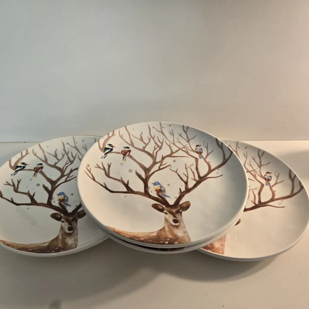 4pc Pier One Imports Salad Plates Reindeer w/ Birds Alexander Brunch Holiday 8.5